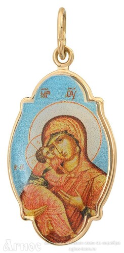 Золотая иконка Богородицы "Владимирская" с цветной печатью, фото 1