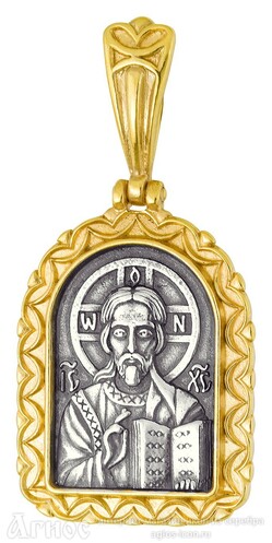 Нательная иконка Иисуса Христа "Господь Вседержитель" из серебра с позолотой, фото 1