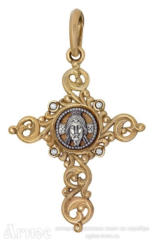 Золотой крест с ликом Спасителя с фианитом, фото 1