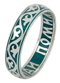 Православное кольцо с молитвой "Господи, помилуй" зеленая эмаль