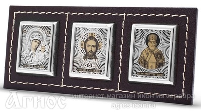 Автомобильная икона триптих Спаситель, Богородица, Николай Мирликийский (коричневая кожа), фото 1