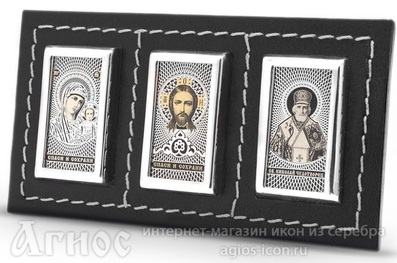 Автомобильная икона триптих Спаситель, Богородица, Николай Мирликийский (чёрный), фото 1