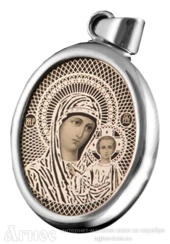 Серебряная иконка на обсидиане Богородицы "Казанская", фото 1