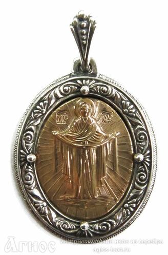 Образок Божьей Матери "Покров Пресвятой Богородицы" из серебра с золотой накладкой, фото 1