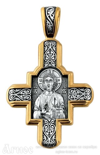 Нательный серебряный крест Господь Вседержитель с иконой Пантелеймона Целителя, фото 1