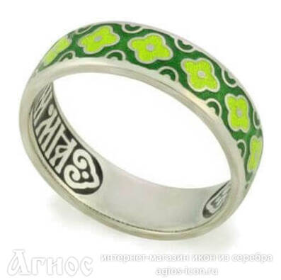 Кольцо "Спаси и сохрани" серебряное с зеленой эмалью, фото 1