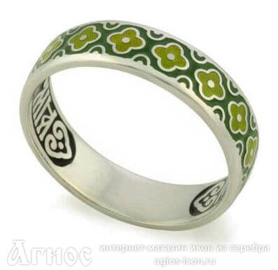 Кольцо  "Спаси и сохрани" из серебра с зеленой эмалью, фото 1