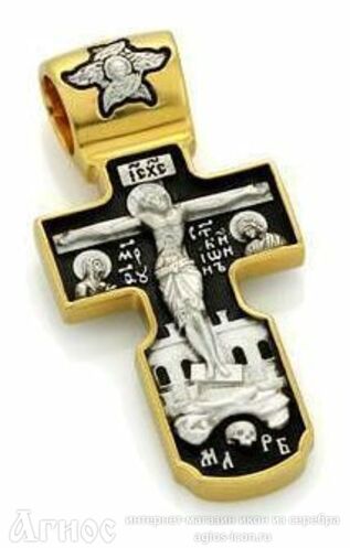 Православный нательный крест из серебра с Распятием, образами Богородицы и святых, фото 1