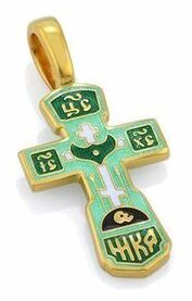 Женский крест Голгофский из серебра с зелёной эмалью