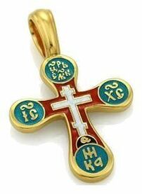 Серебряный нательный крест с зеленой и красной эмалью