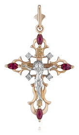 Резной золотой крестик с бриллиантами и рубинами для прекрасных женщин