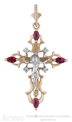 Резной золотой крестик с бриллиантами и рубинами для прекрасных женщин, фото 1