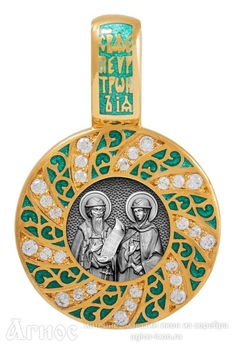 Нательная иконка Петра и Февронии из серебра с фианитами, фото 1