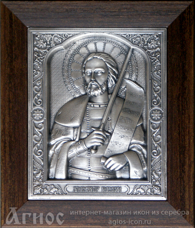Икона  Александра Невского из серебра в классическом багете, фото 1