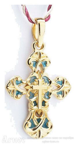 Резной позолоченный крестик с голубой эмалью, фото 1